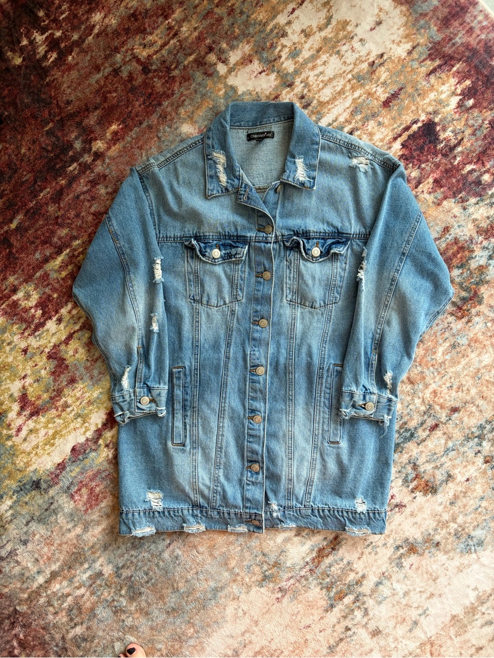 Oversized Light Blue Distressed Denim Jacket - Women